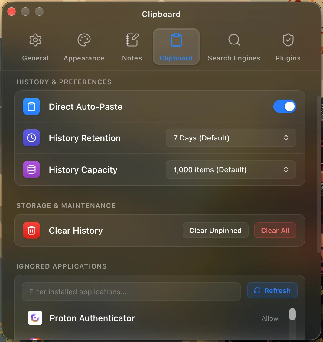 Nimix clipboard settings showing auto-paste, retention, capacity, clear history, and ignored applications