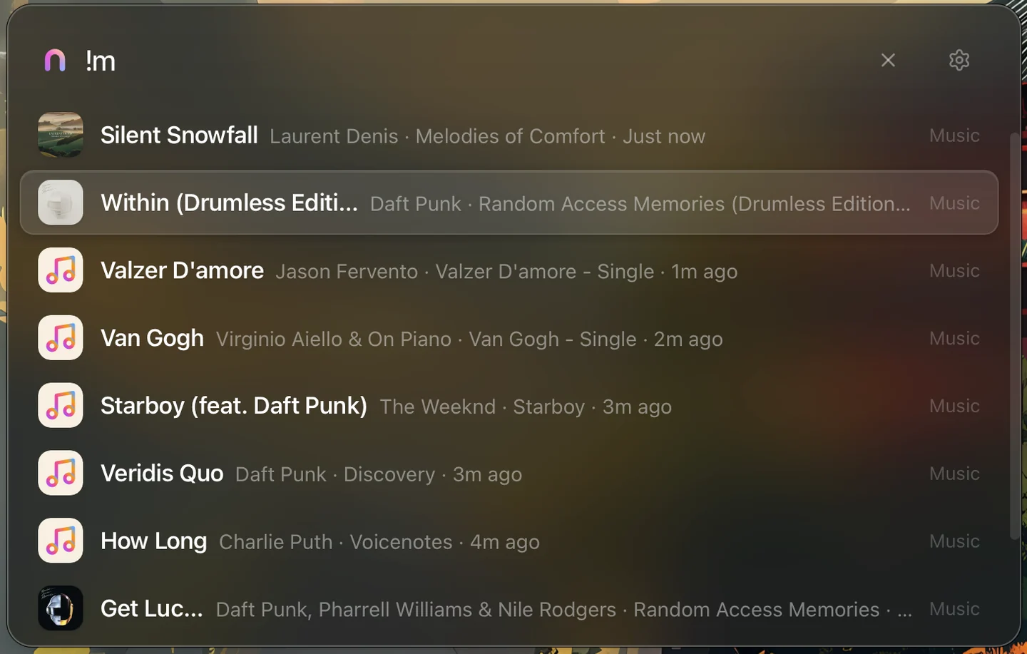 Nimix music history displaying recently played songs and artists