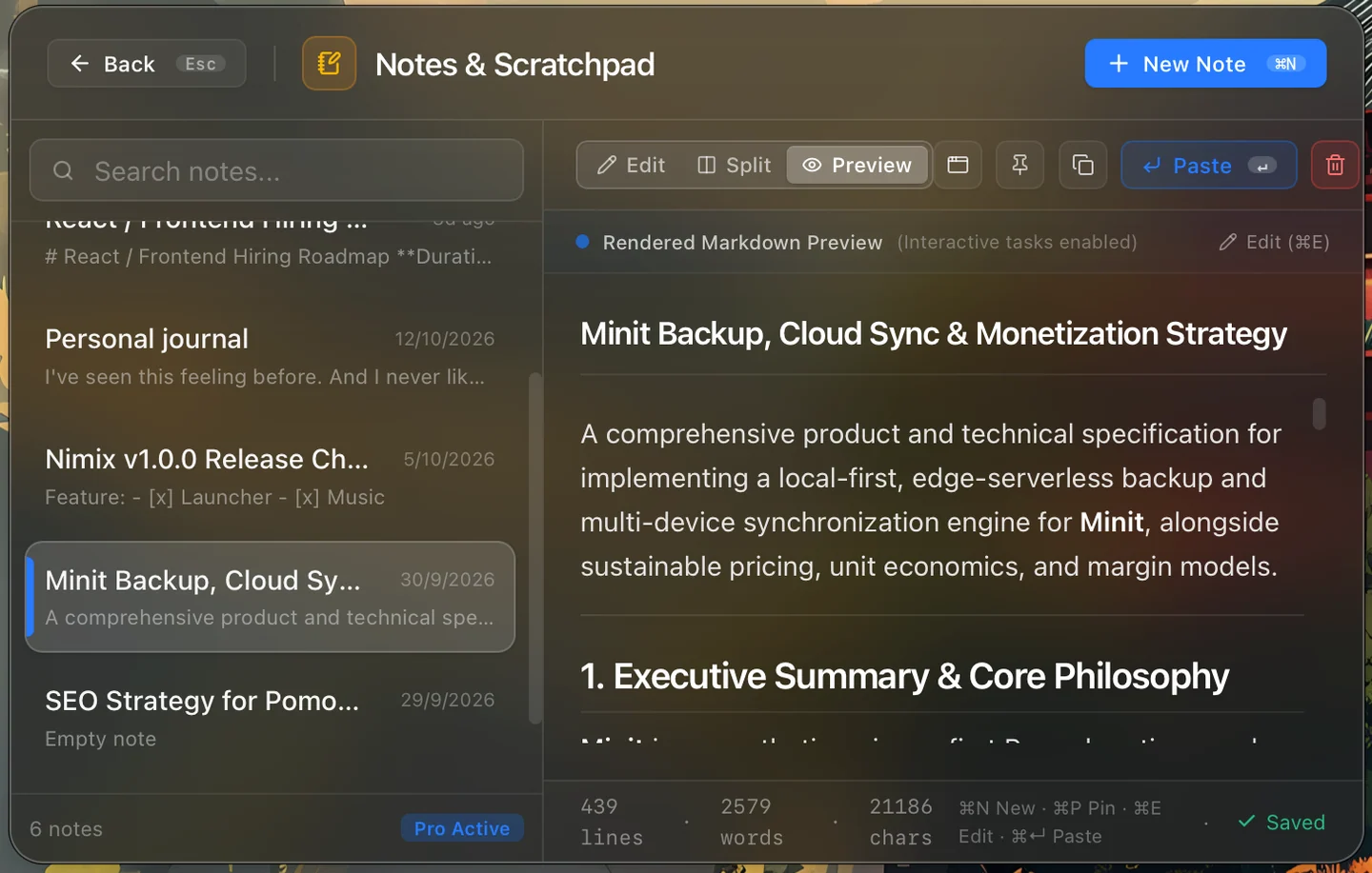 Nimix Notes and Scratchpad showing a document in rendered Markdown preview