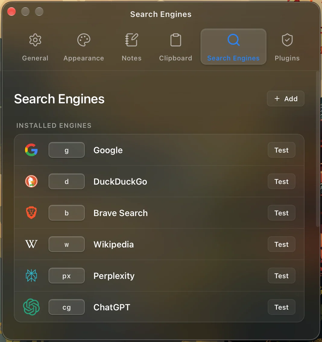 Nimix search engine settings with Google, DuckDuckGo, Brave, Wikipedia, Perplexity, and ChatGPT